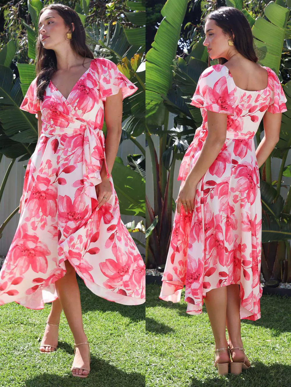 ZARA French Floral Wrap Dress Tie Neck Cinched Waist Irregular Hem Vacation